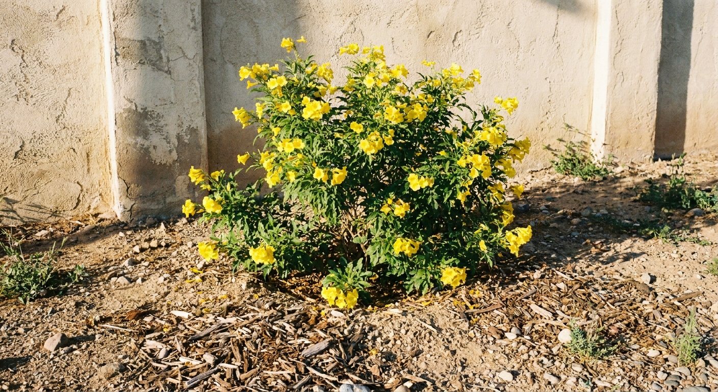 A real photograph of a Tecoma stans shrub planted in the ground near a sunlit stucco wall, with well-draining soil and scattered mulch around the base