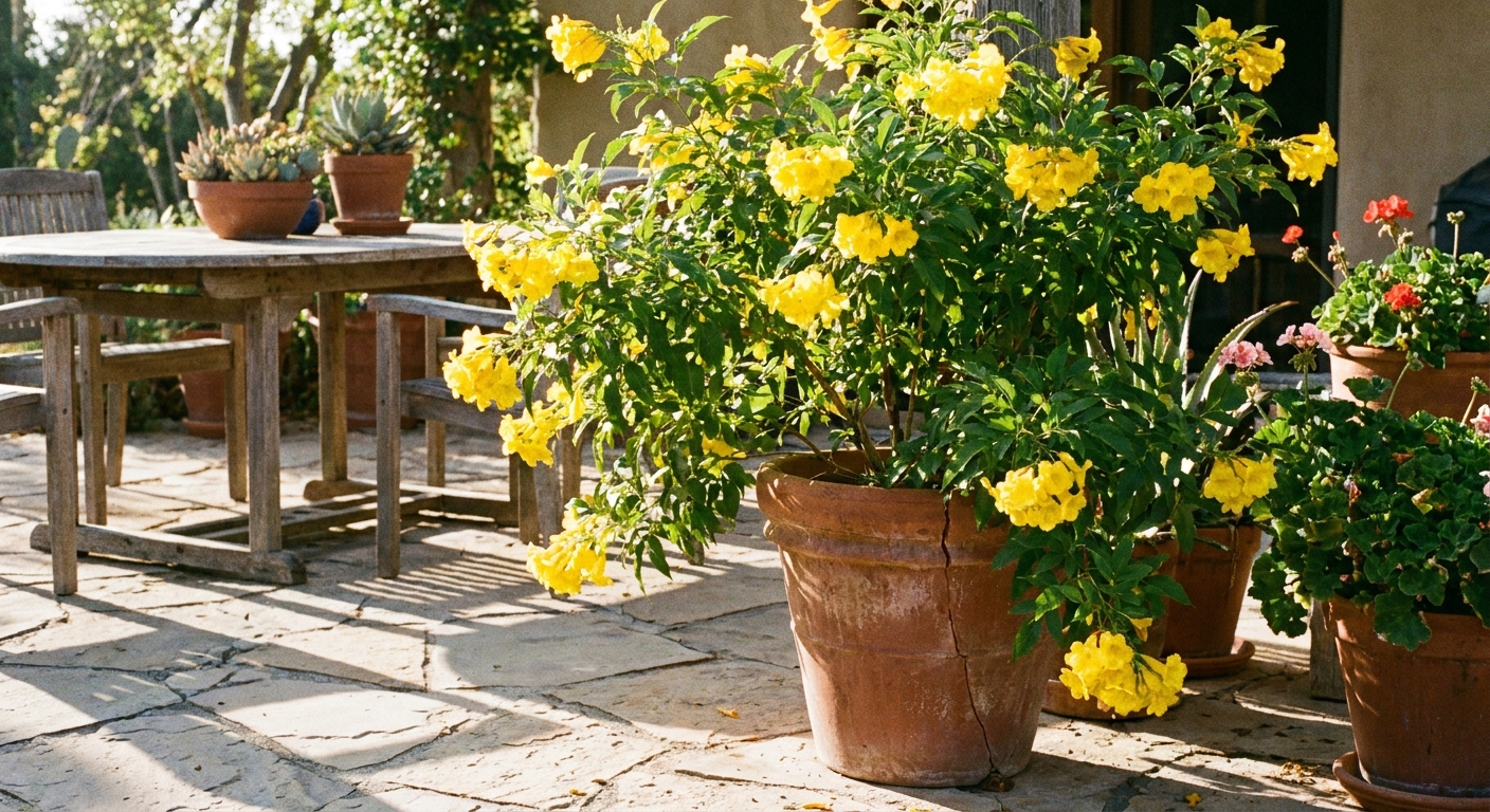 A real photograph of a Tecoma stans yellow bells plant growing in a large terracotta pot on a sunny patio, with yellow flowers blooming and a simple outdoor setting