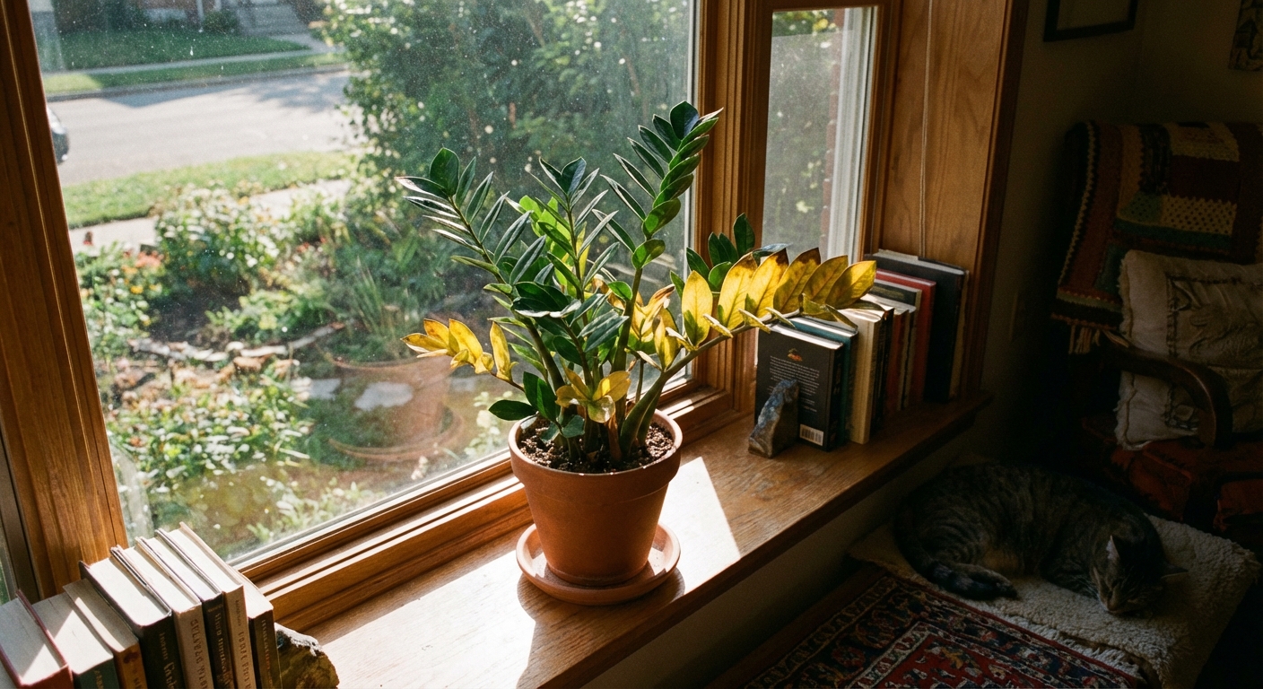 A real photograph of a ZZ plant on a windowsill with strong sunlight hitting a few leaves, showing slight yellowing on sun-exposed foliage, indoor home setting
