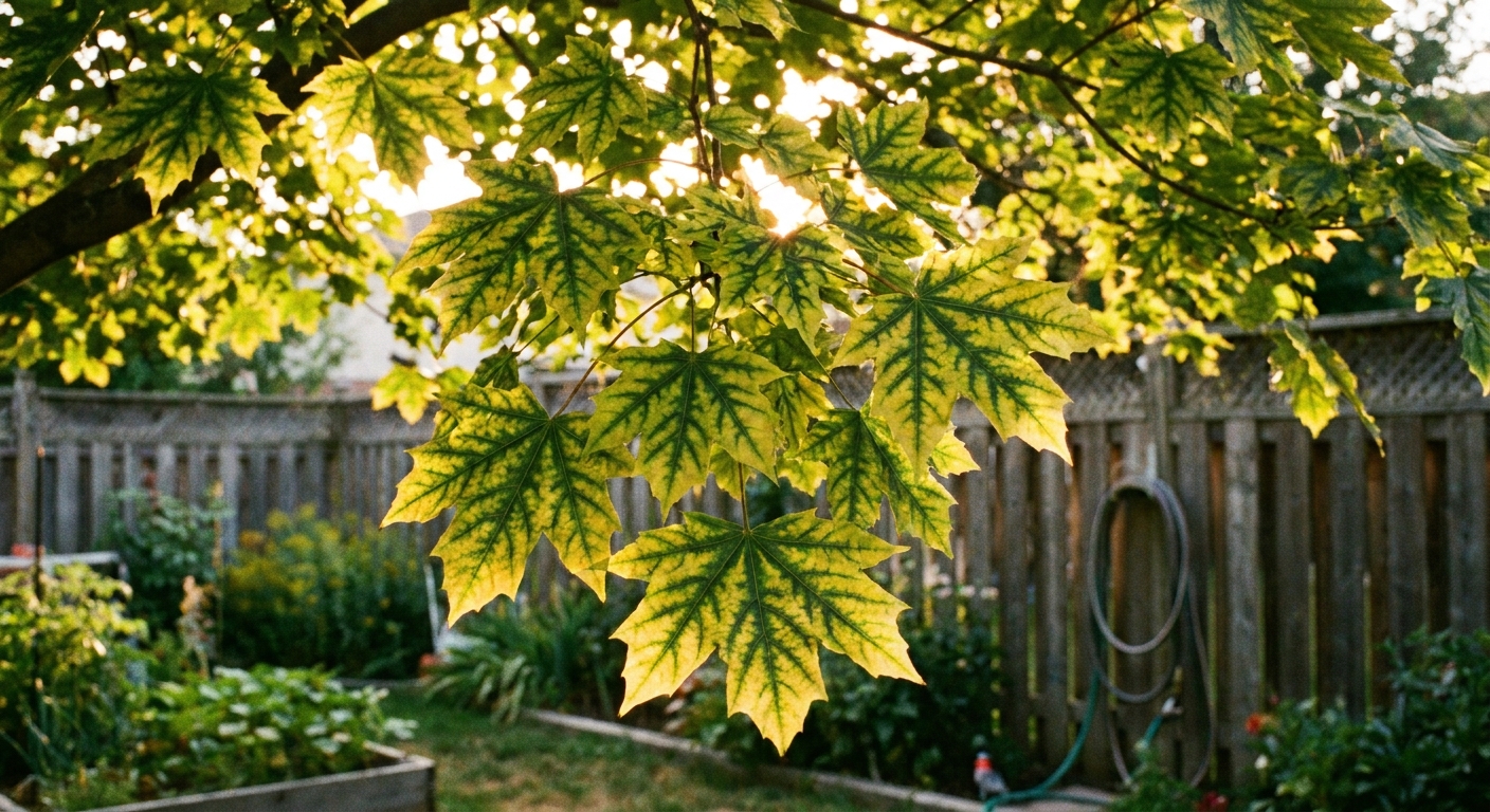 A real photograph of a backyard maple tree branch with multiple leaves showing yellowing between green veins in summer light
