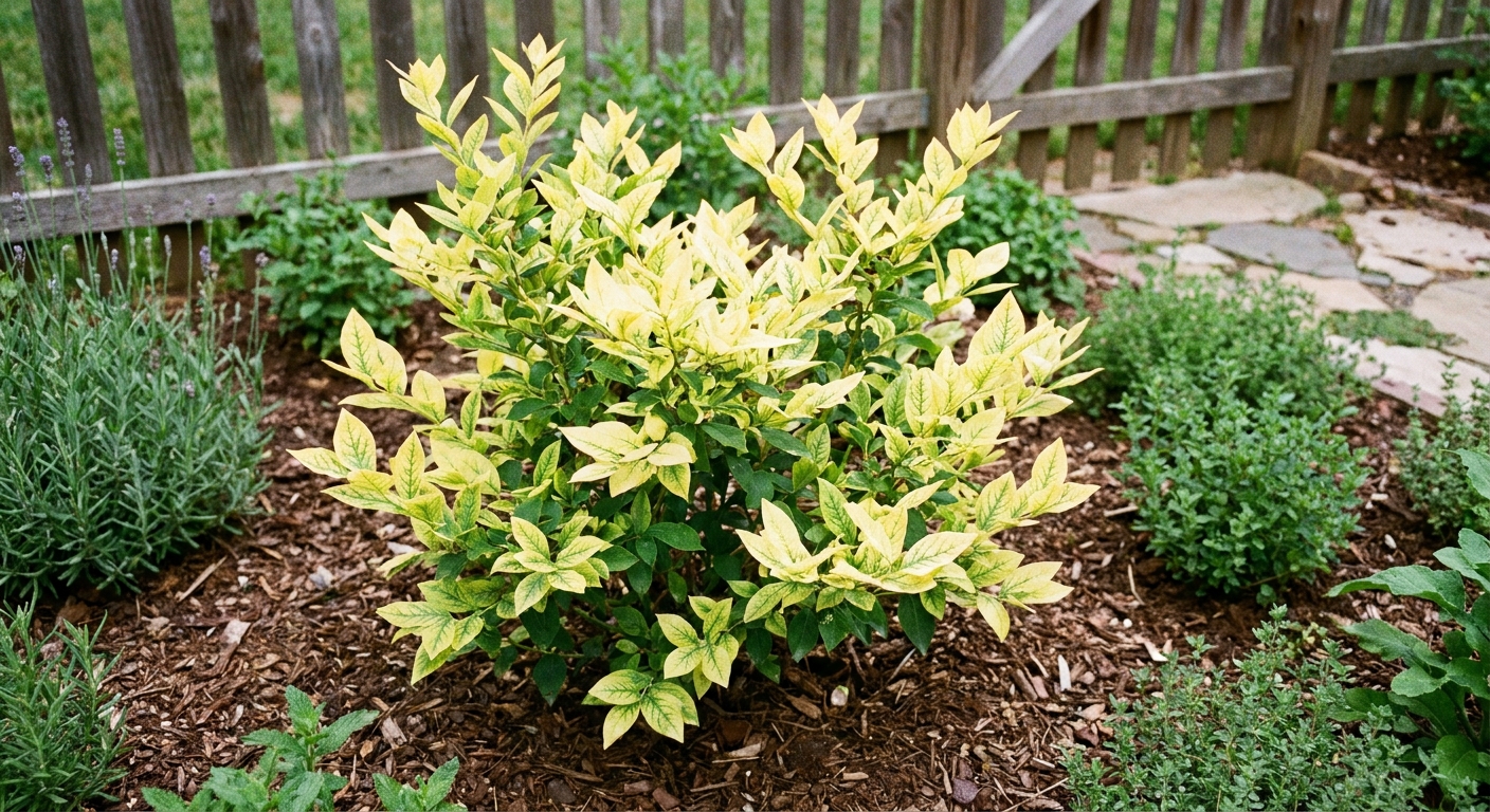 A real photograph of a blueberry bush with pale yellow new leaves and green veins, growing outdoors in a garden bed