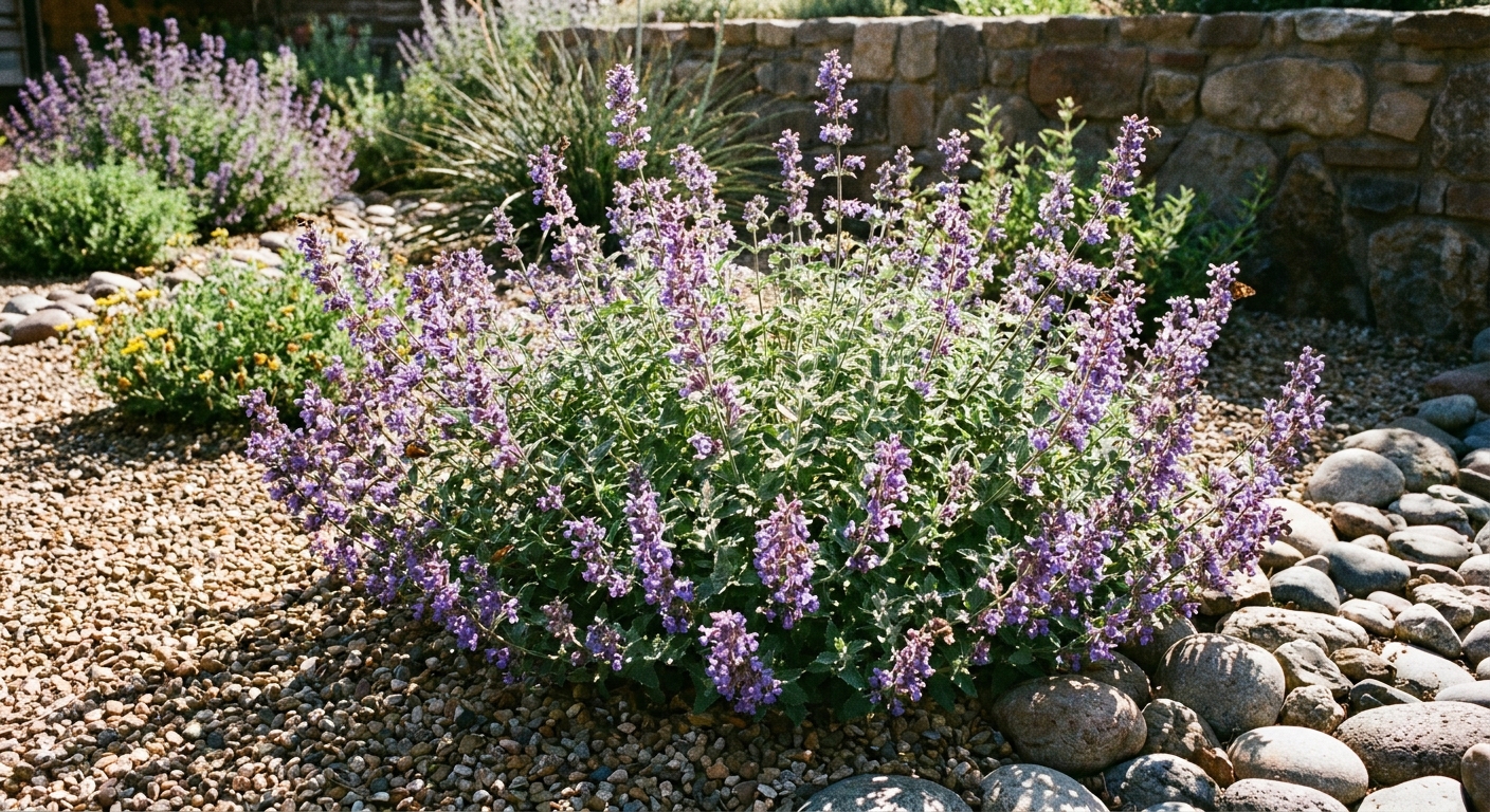 A real photograph of a catmint plant growing as a rounded mound in a well-drained garden bed with gravel mulch and bright sunlight