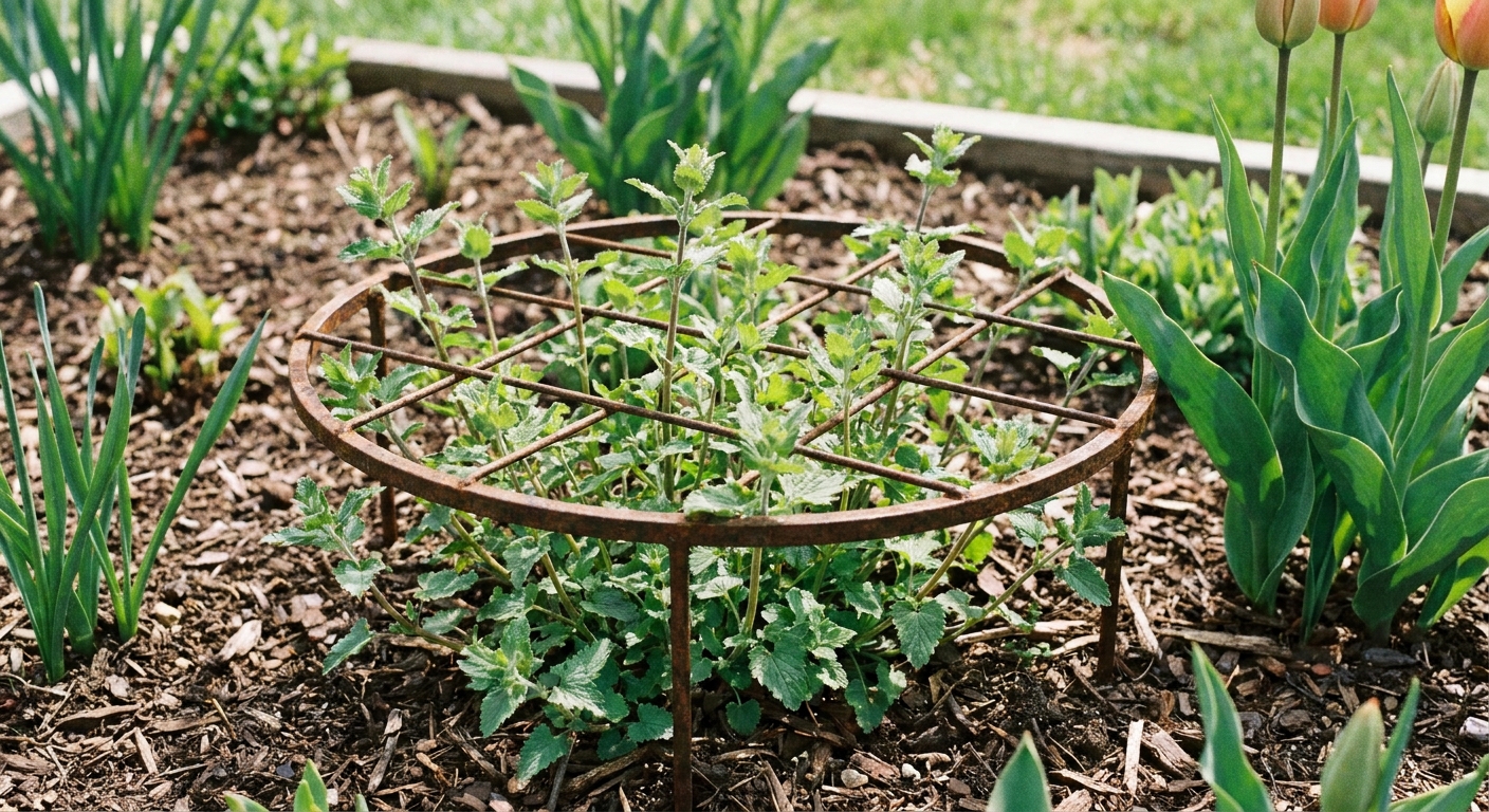 A real photograph of a catmint plant with a low grow-through support ring in place, stems beginning to grow up through the support in a spring garden bed