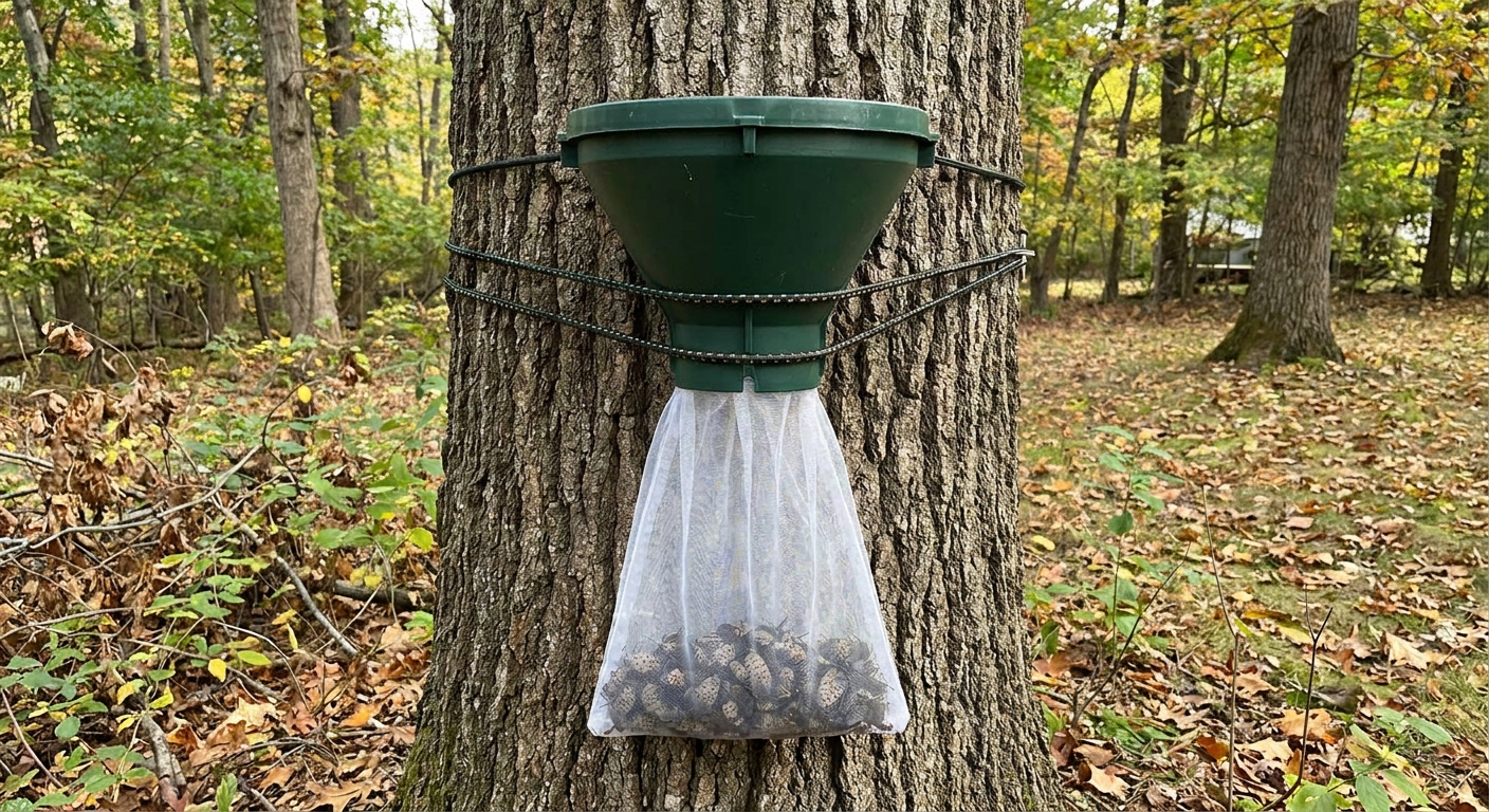 A real photograph of a circle trap wrapped around a tree trunk, with a collection bag attached for spotted lanternfly management