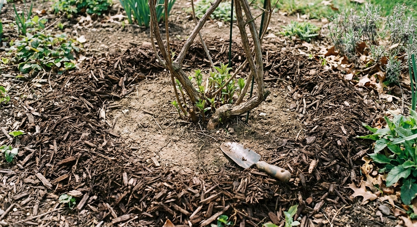 A real photograph of a clematis plant base with mulch pulled back into a ring, leaving bare soil around the stems to keep the crown dry