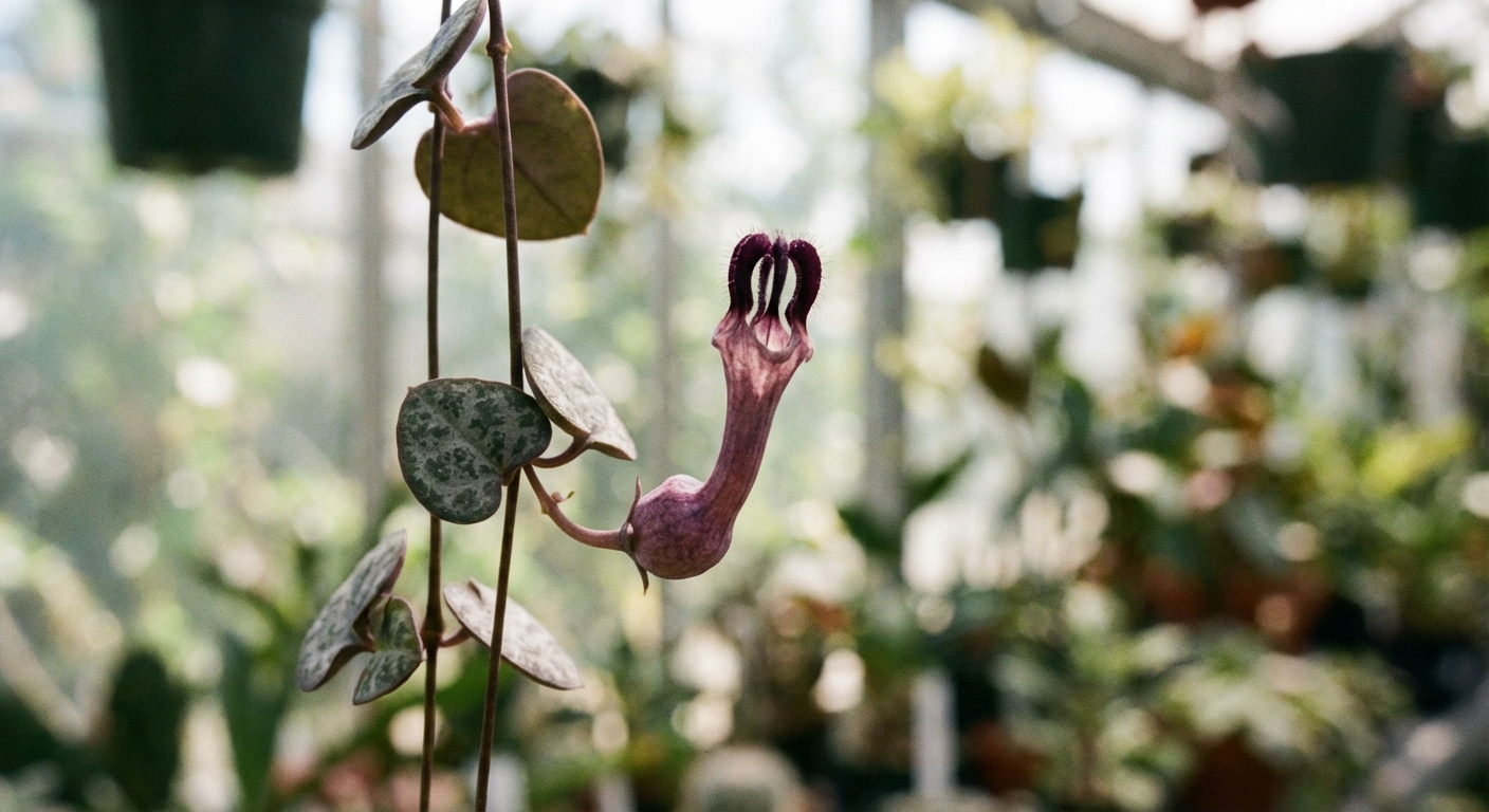 A real photograph of a close-up String of Hearts flower on the vine, showing a small tubular lantern-shaped bloom with purple tones, softly blurred background, natural light