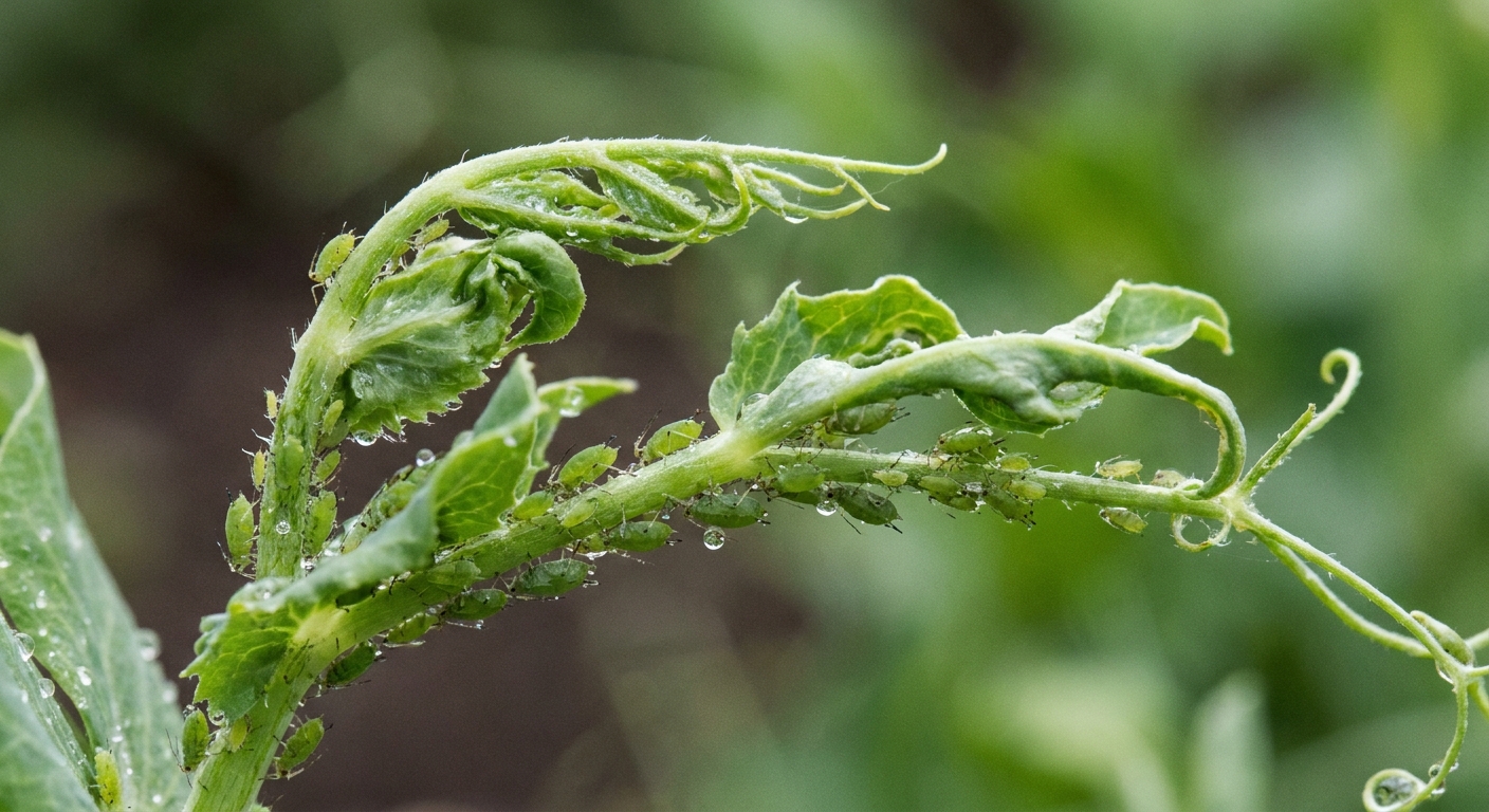 A real photograph of a close-up pea plant tip with a visible cluster of green aphids on the stem and curled new leaves