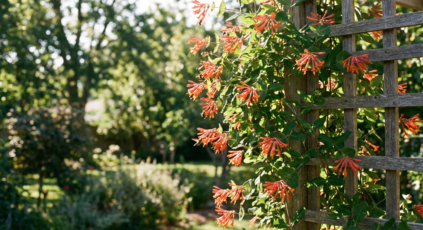 A real photograph of a coral honeysuckle vine climbing a wooden trellis in a sunny backyard, with clusters of tubular orange-red flowers and a soft, leafy background