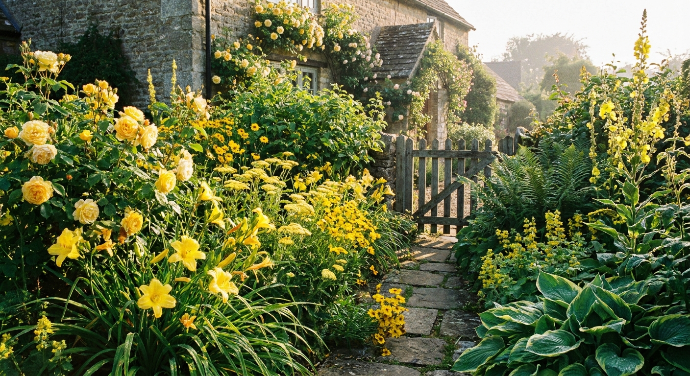 A real photograph of a cottage-style garden border filled with yellow flowers in full bloom, with soft morning light and lush green foliage