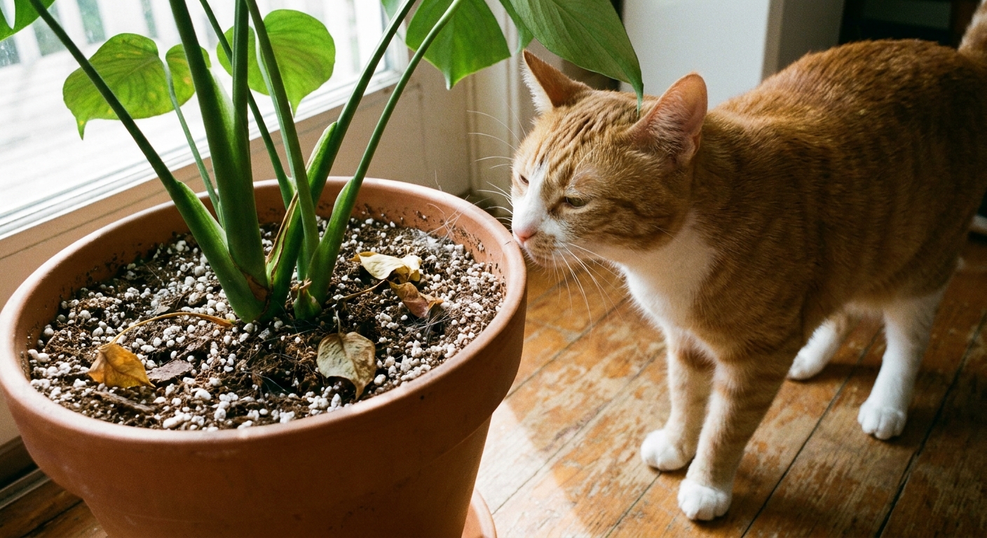 A real photograph of a curious house cat sniffing near a potted houseplant on an indoor floor with the soil surface visible
