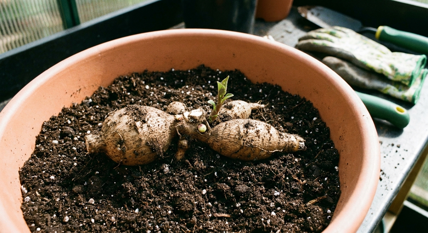 A real photograph of a dahlia tuber placed horizontally in a large container with fresh potting mix, with a small green sprout pointing upward