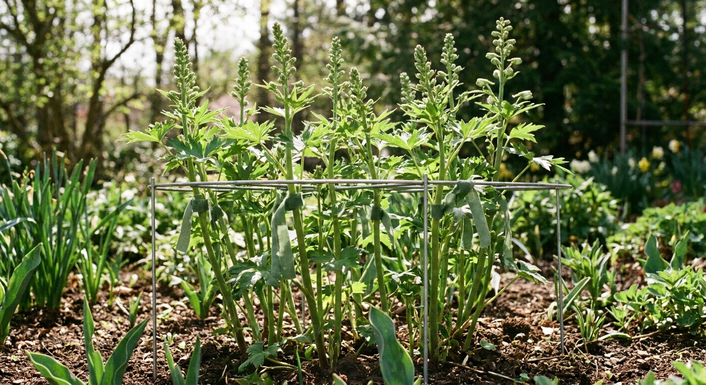 A real photograph of a delphinium clump in spring with green stems about a foot tall, supported by a grow-through ring and soft plant ties