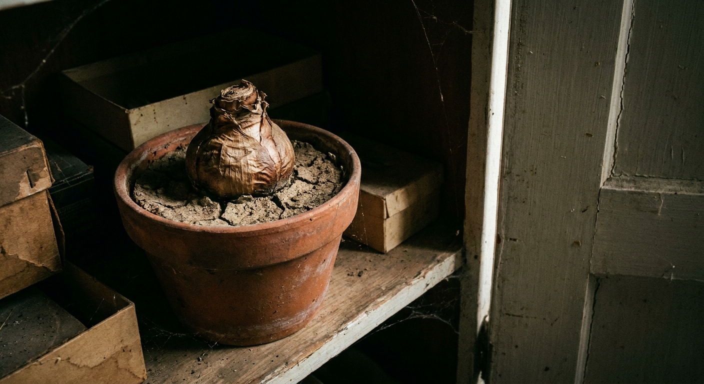 A real photograph of a dormant amaryllis bulb in a terracotta pot with dry soil sitting on a dark closet shelf, low light