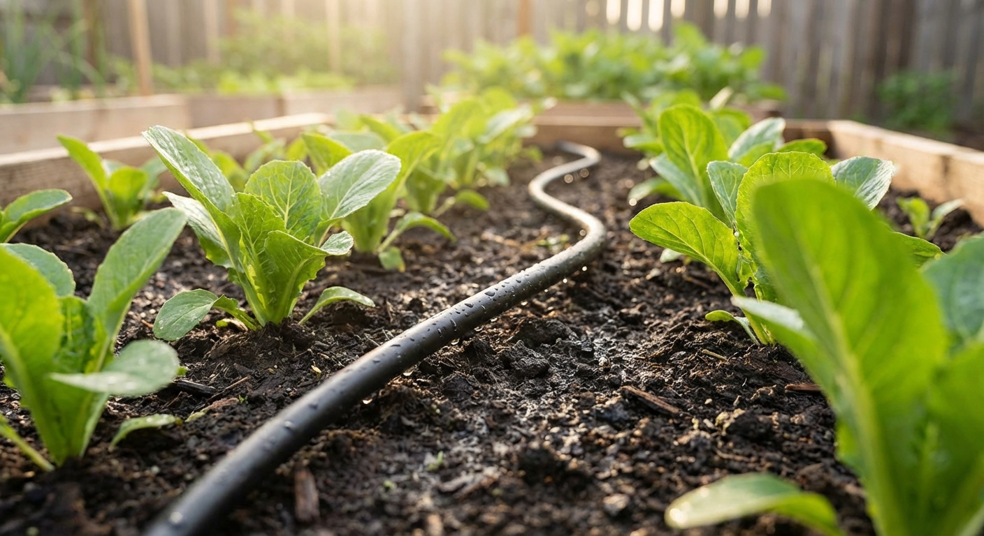 A real photograph of a drip irrigation line running along a vegetable garden bed with dark moist soil and green plants, early morning light, shallow depth of field