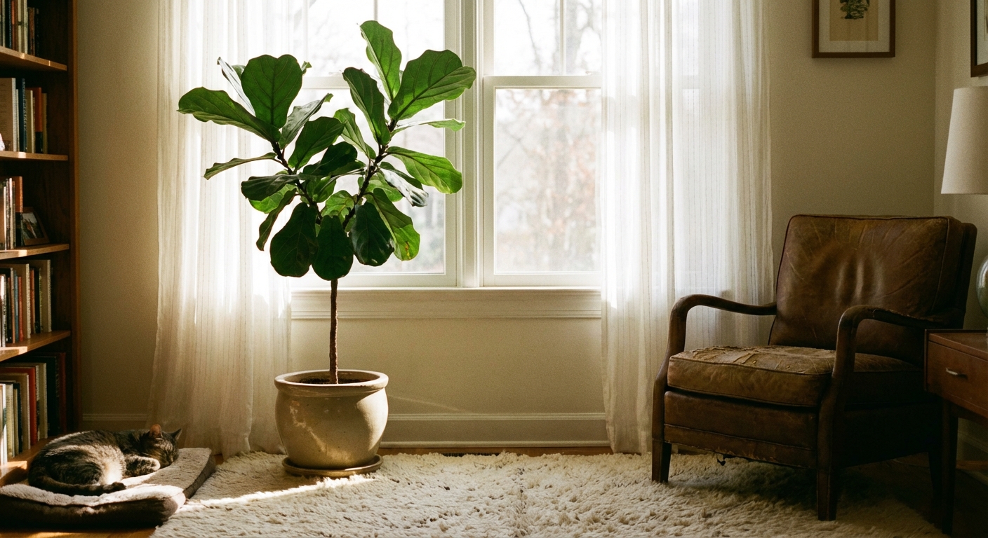 A real photograph of a fiddle leaf fig placed a few feet back from a bright window with sheer curtains, showing a stable cozy indoor corner away from vents