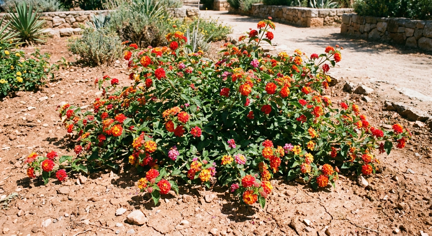 A real photograph of a flowering lantana shrub planted slightly mounded in a garden bed, in bright full sun with dry soil surface and vivid flower clusters
