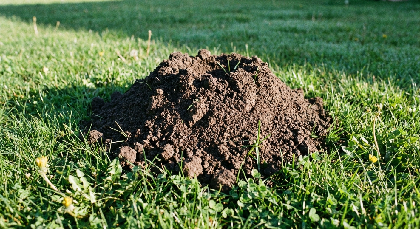 A real photograph of a fresh molehill in a grassy yard, a small volcano-shaped mound of loose soil with surrounding green grass