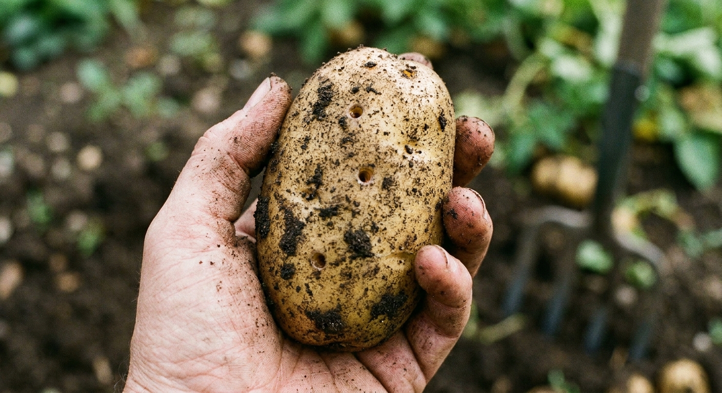 A real photograph of a freshly dug potato held in a gardener's hand, showing several small round wireworm holes on the potato skin with soil still clinging to it