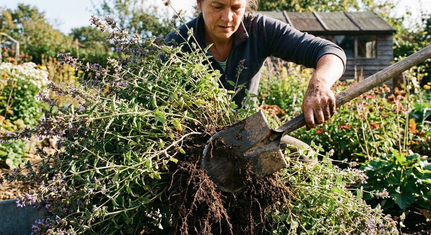 A real photograph of a gardener dividing a mature catmint (Nepeta) clump with a spade, roots and soil visible on the blade