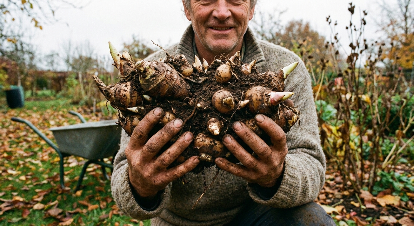 A real photograph of a gardener holding a freshly dug canna rhizome clump with soil brushed off, outdoors on an overcast autumn day