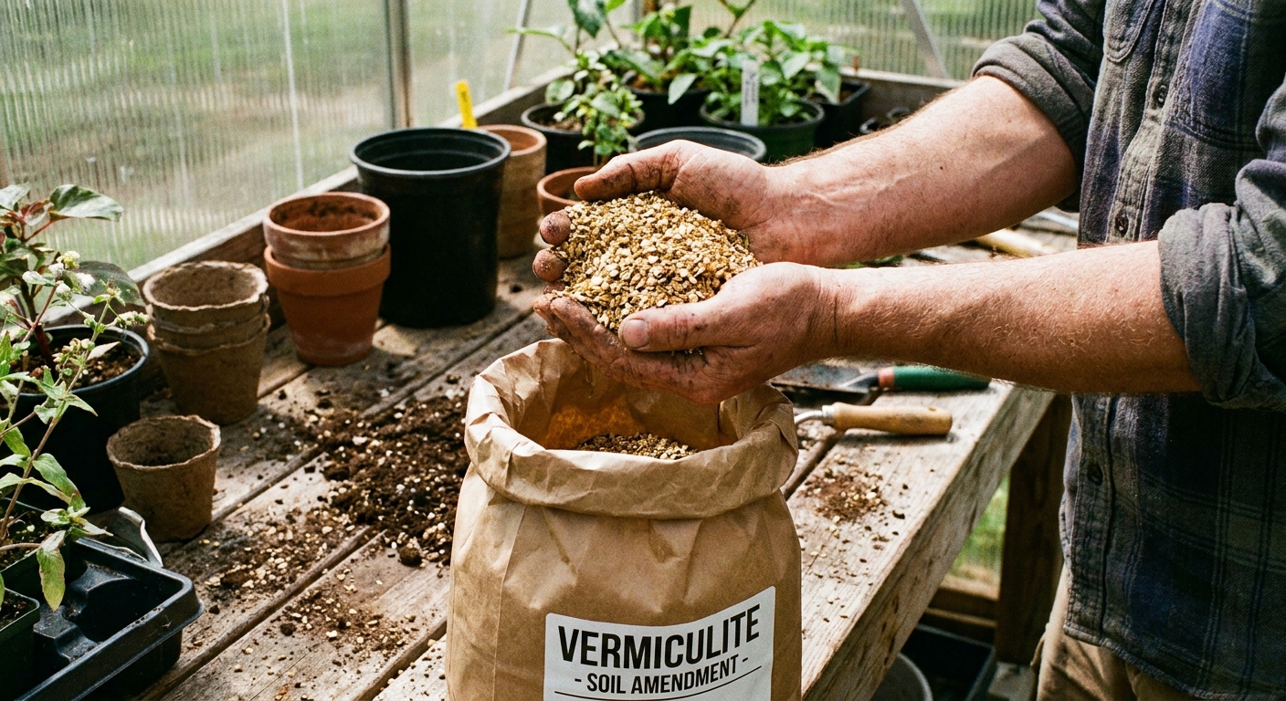 A real photograph of a gardener holding a handful of golden-brown vermiculite flakes over an open bag on a potting bench