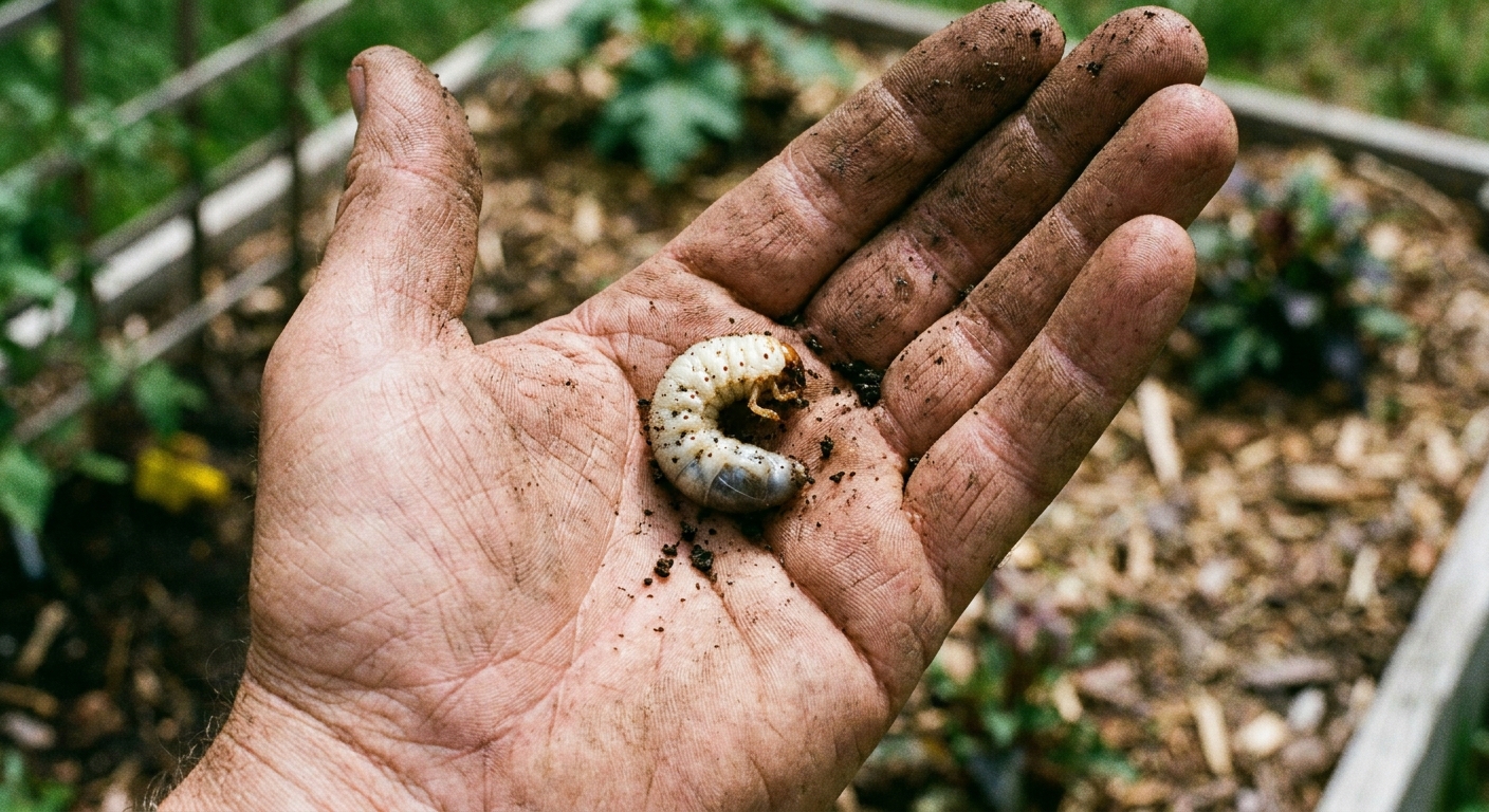 A real photograph of a gardener holding a single C-shaped white grub in a palm, with dark soil crumbs and a garden bed blurred in the background