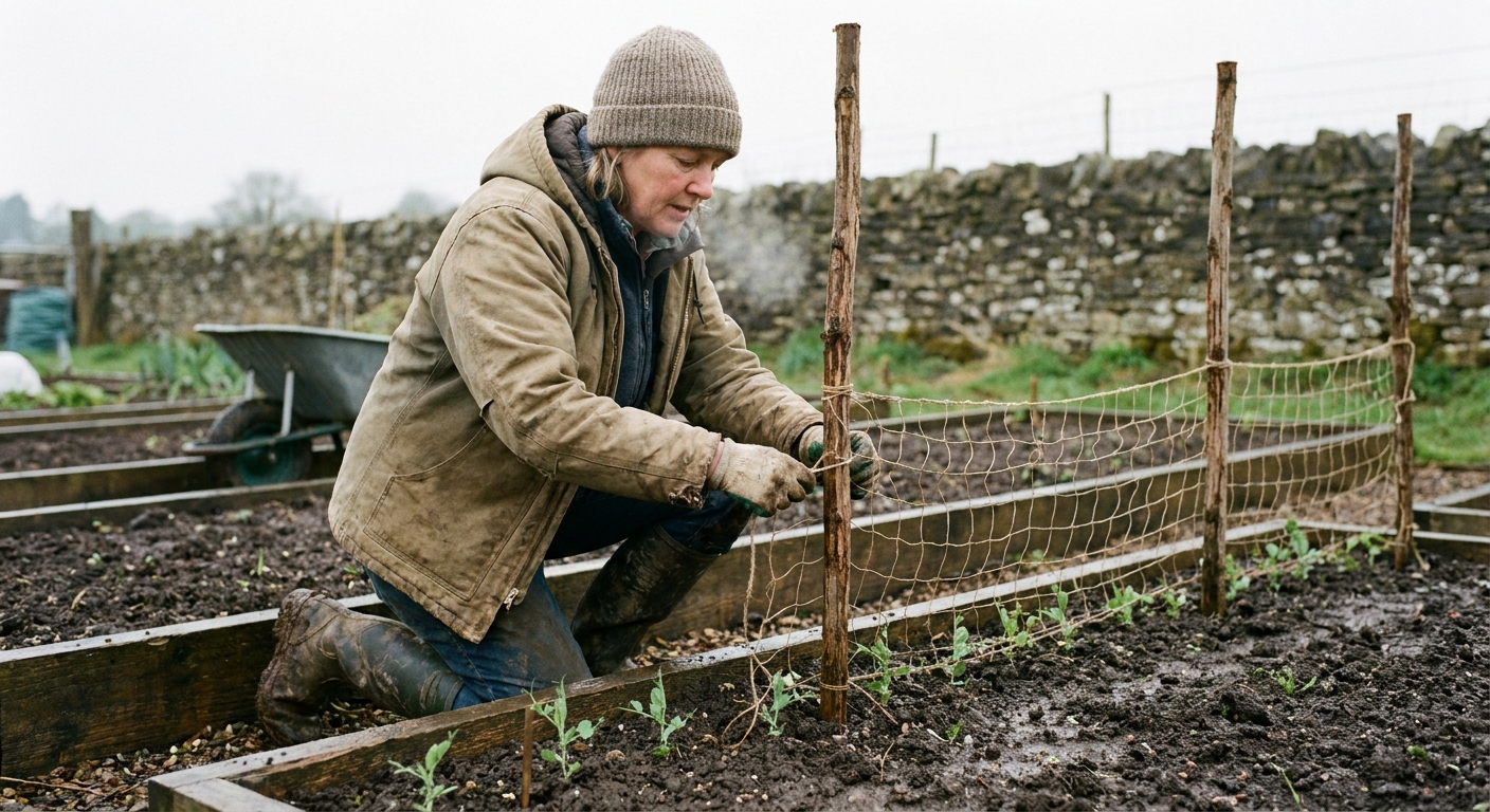 A real photograph of a gardener installing pea netting between two wooden stakes in a garden bed on a cool spring day