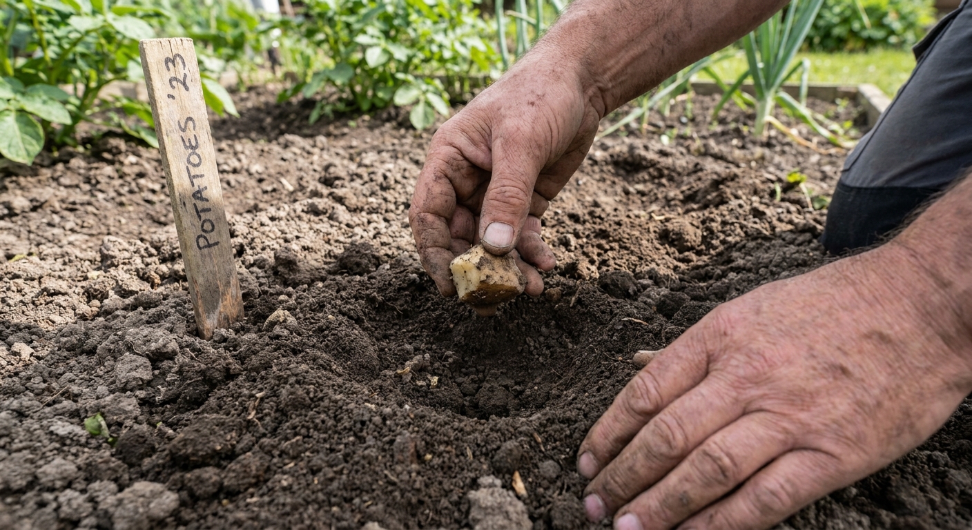 A real photograph of a gardener lifting a small potato chunk from a shallow hole in a vegetable bed, with a wooden marker stake and loose soil visible