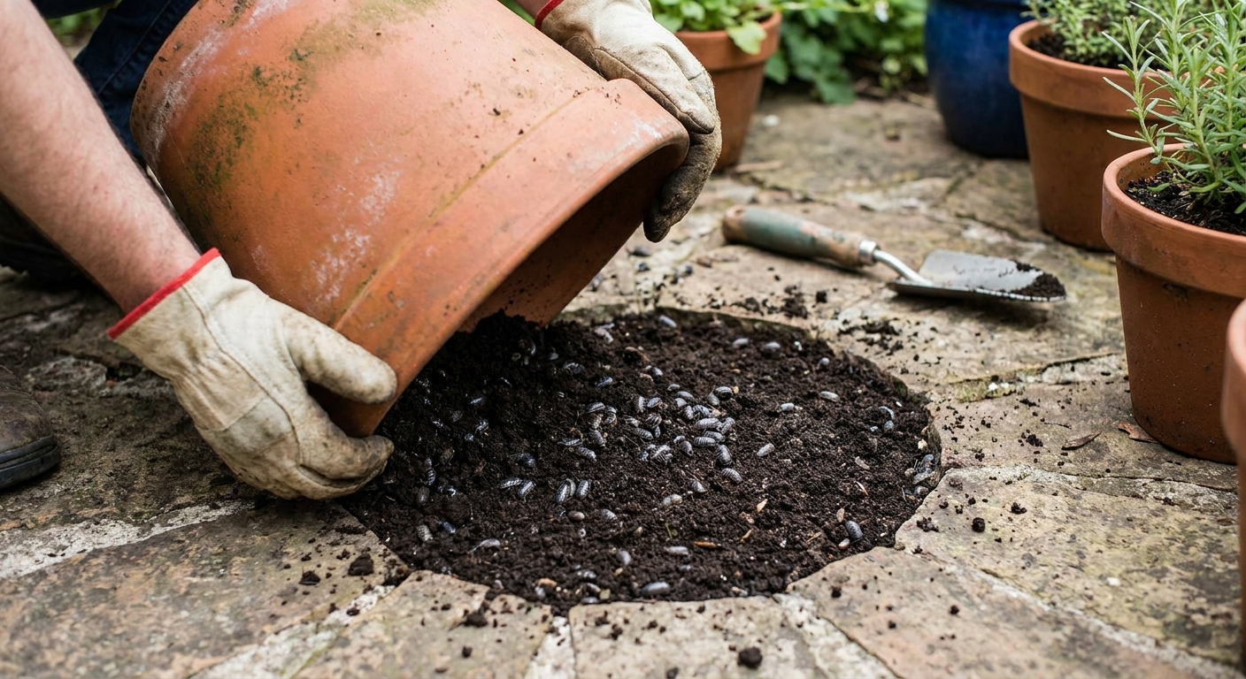 A real photograph of a gardener lifting a terracotta pot on a patio to reveal pill bugs hiding underneath in a damp ring of soil, with natural outdoor lighting