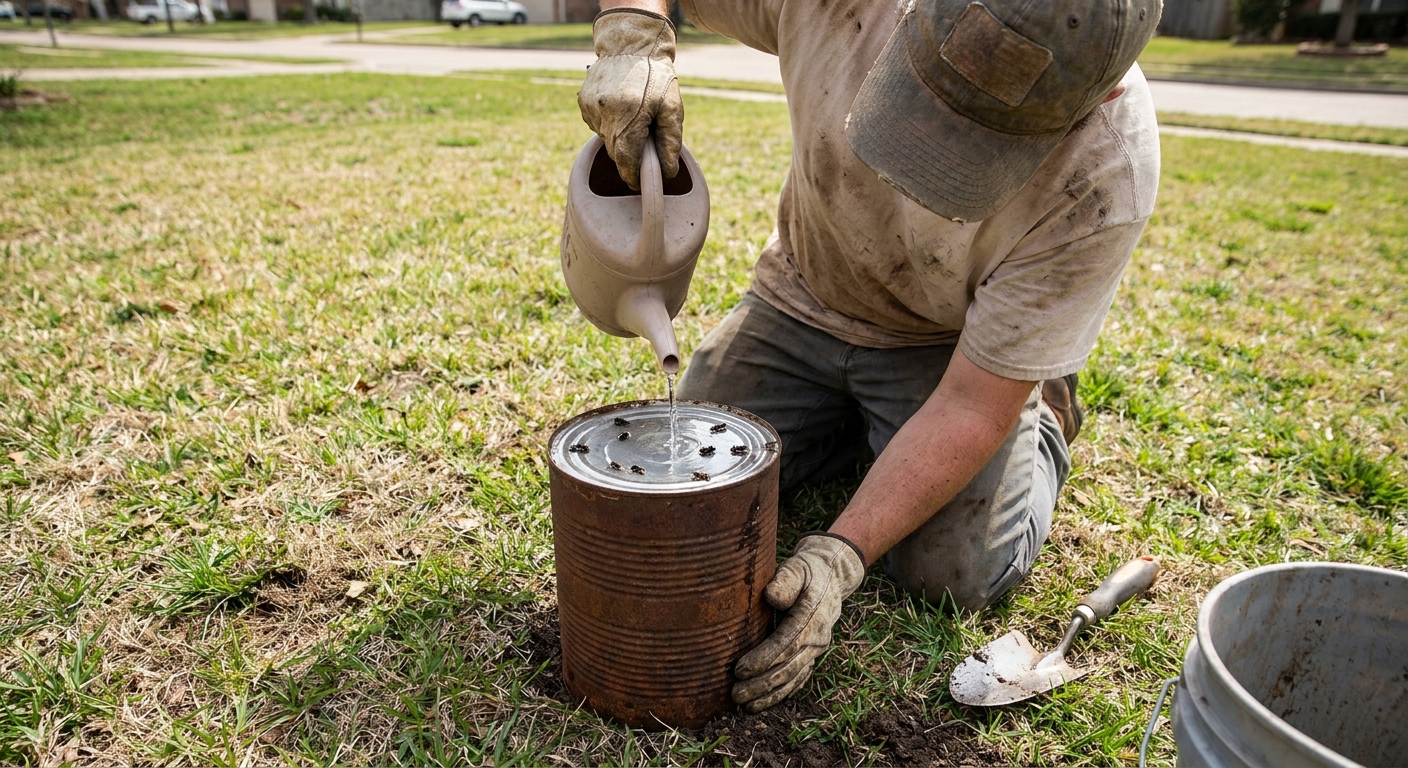 A real photograph of a gardener pressing a large metal can into turf and filling it with water to flush chinch bugs to the surface