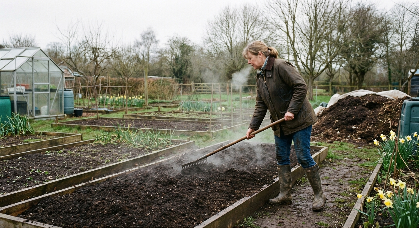 A real photograph of a gardener spreading finished compost over a prepared vegetable bed with a rake on a cool spring day