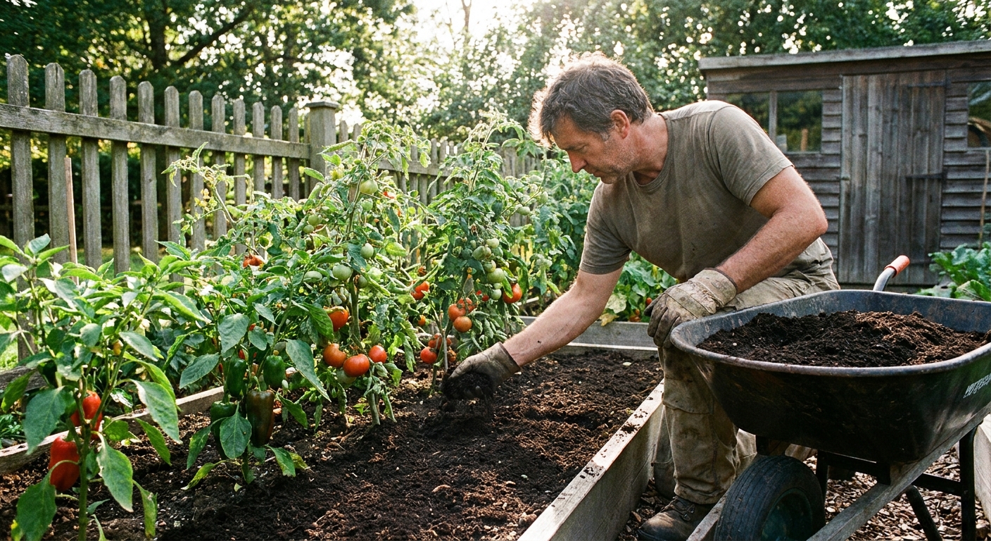 A real photograph of a gardener spreading finished compost as a thin topdressing around tomato and pepper plants in a backyard vegetable bed