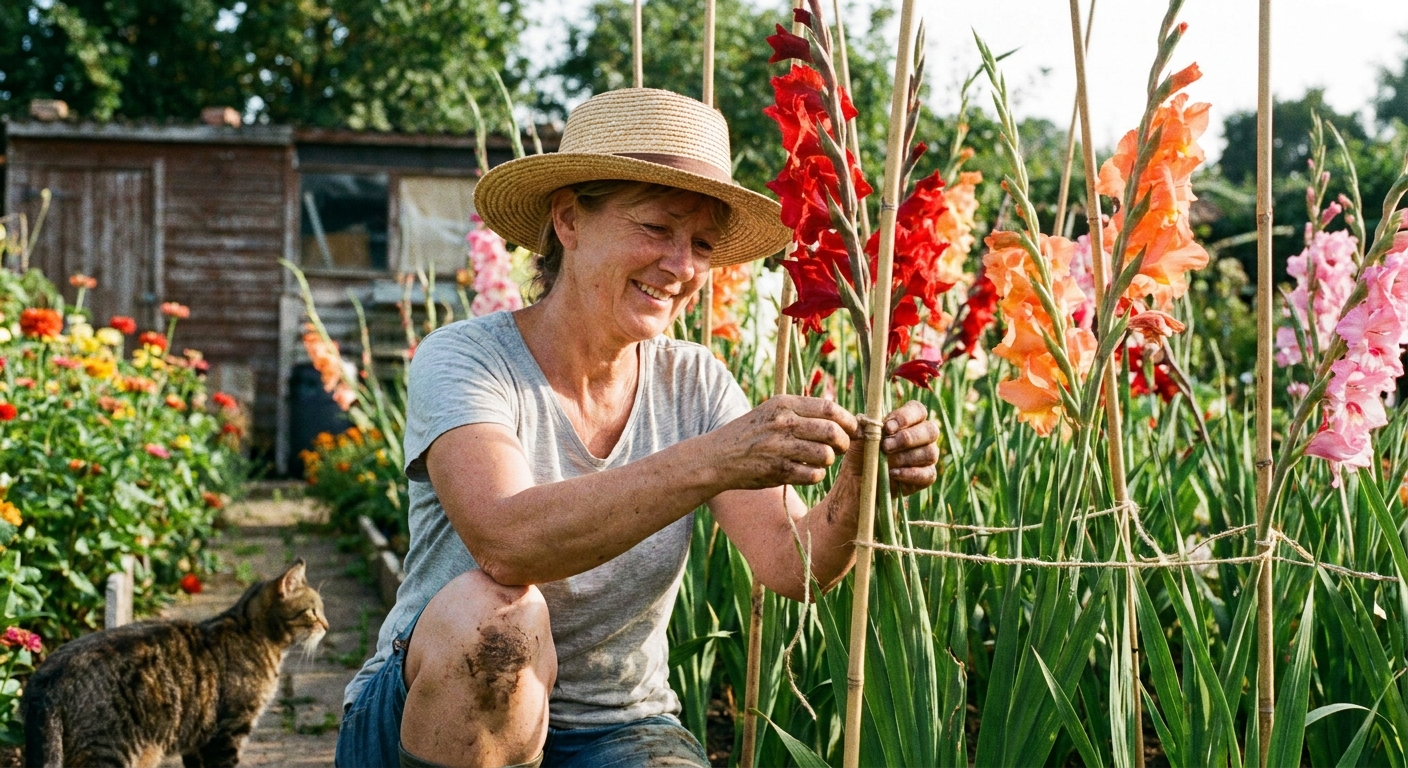 A real photograph of a gardener tying tall gladiolus stems to bamboo stakes with soft twine in a sunny backyard garden