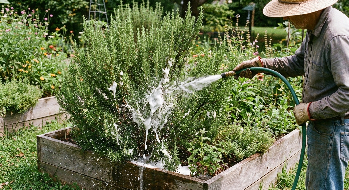A real photograph of a gardener using a hose to spray foamy spittlebug nests off a rosemary plant in an outdoor garden bed