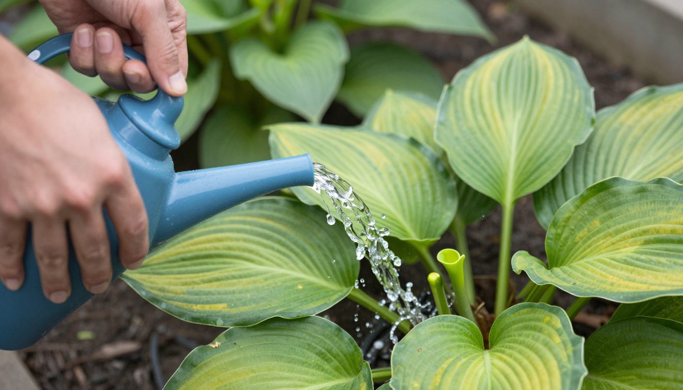 A real photograph of a gardener using a soaker hose to water hostas at the base in a shaded garden bed, with water soaking into dark, compost-rich soil
