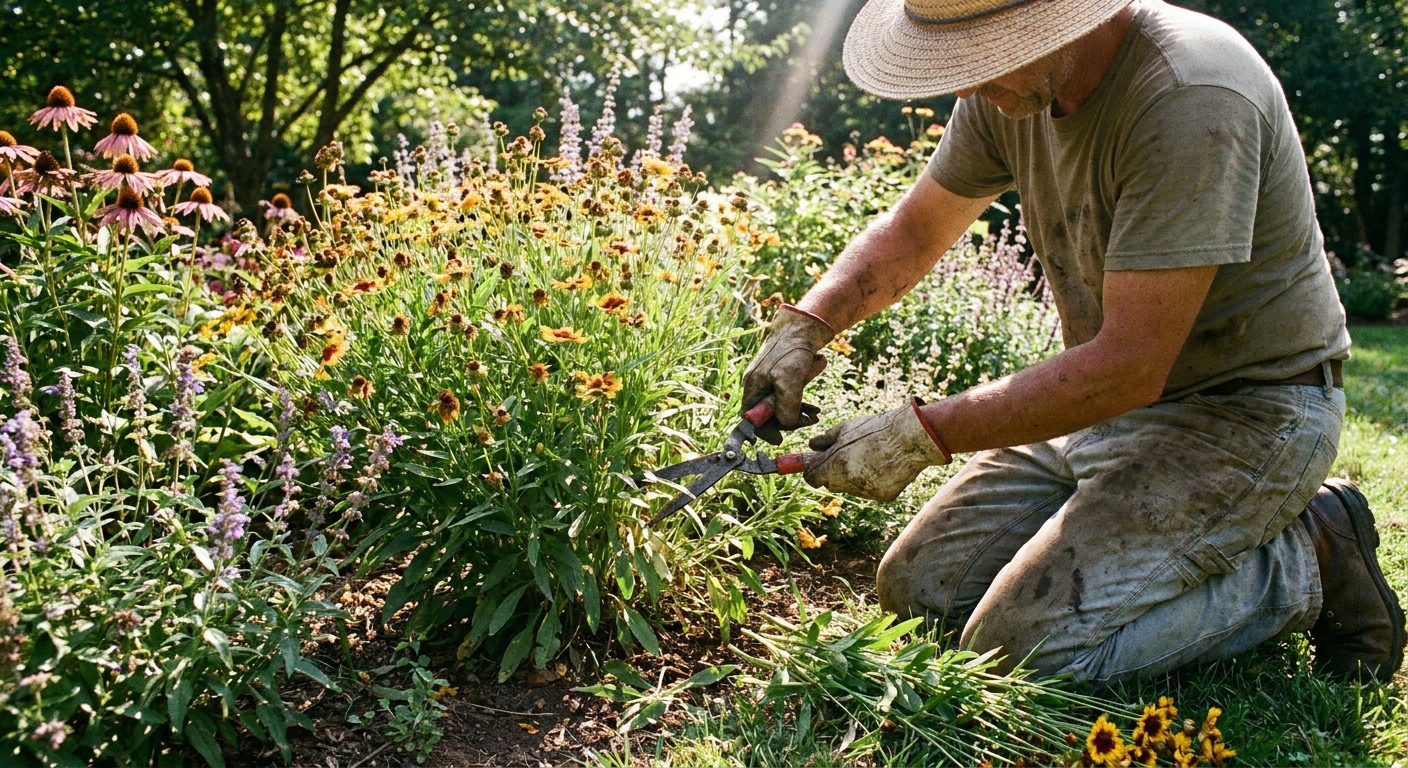 A real photograph of a gardener using hand shears to trim back a coreopsis clump in a sunny flower bed after the first wave of blooms