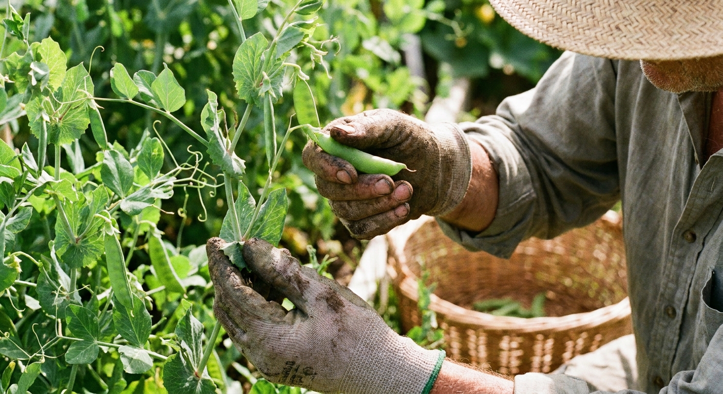 A real photograph of a gardener using one hand to hold a pea vine and the other hand to pick a plump snap pea pod in a sunny garden