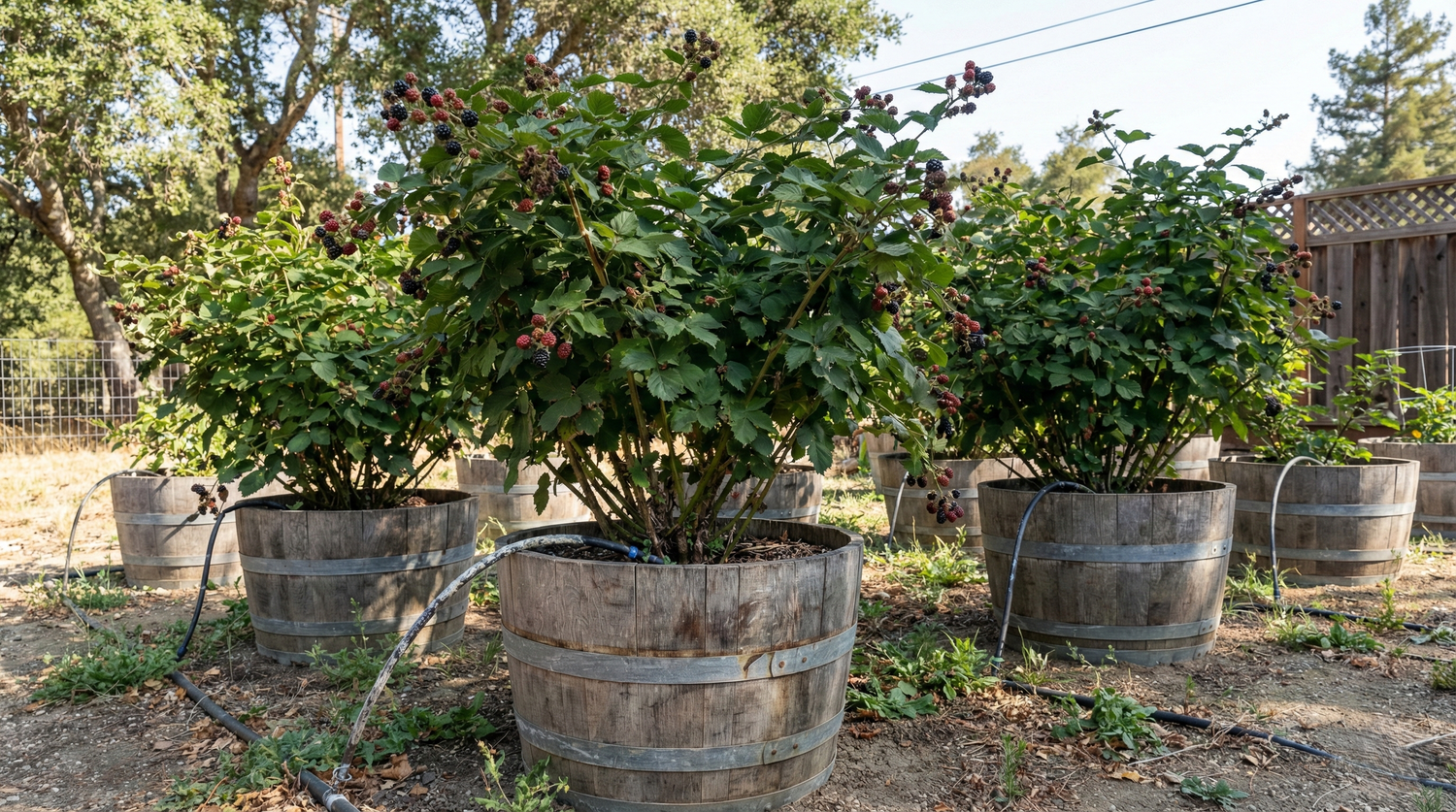 A real photograph of a gardener watering a blackberry plant growing in a large container during summer, with water flowing into the soil and bright sunlight on the leaves