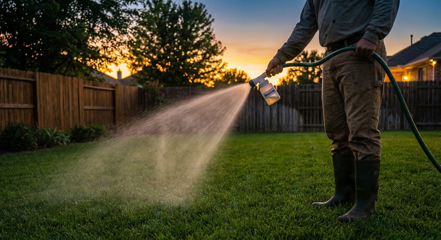 A real photograph of a gardener watering a lawn area with a hose-end sprayer during dusk to apply beneficial nematodes, soft evening light in a suburban yard