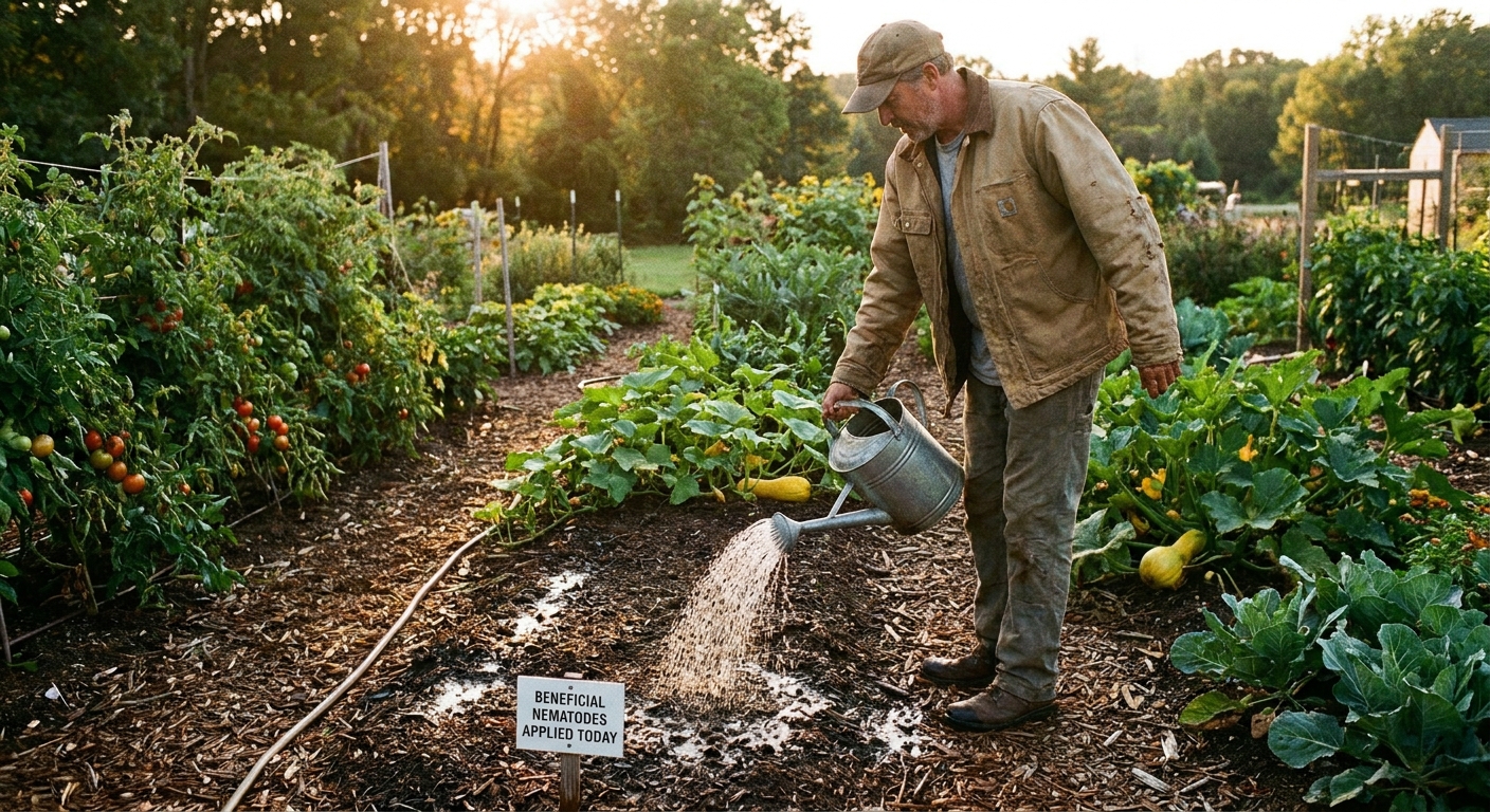 A real photograph of a gardener watering a mulched vegetable bed with a watering can in the evening light, soil visibly damp after applying beneficial nematodes