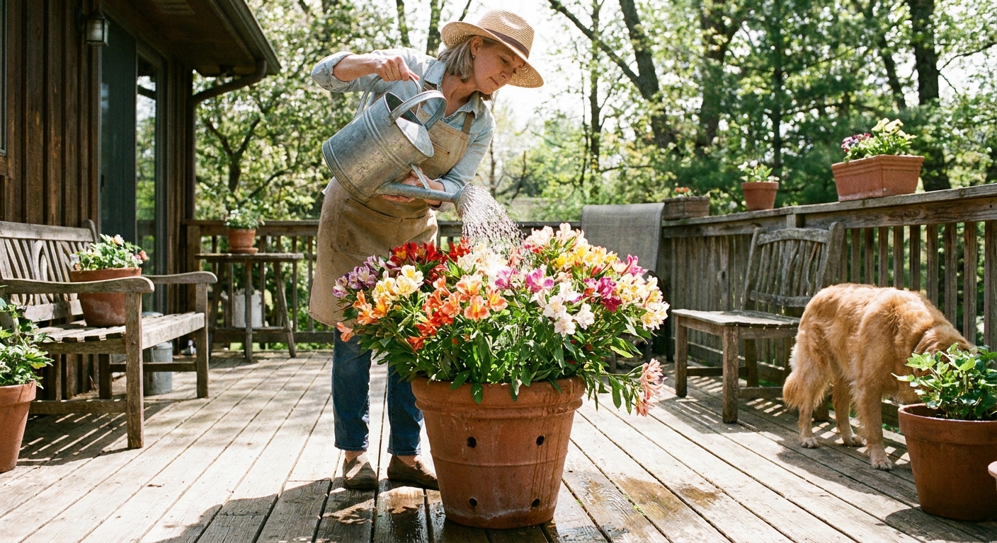 A real photograph of a gardener watering alstroemeria growing in a large patio container with drainage holes on a sunny deck