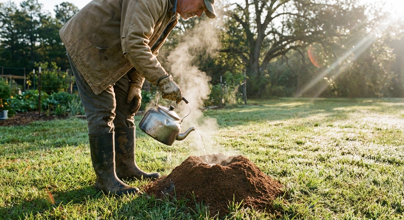 A real photograph of a gardener wearing gloves and boots carefully pouring hot water from a metal kettle onto a fire ant mound in a lawn, early morning light