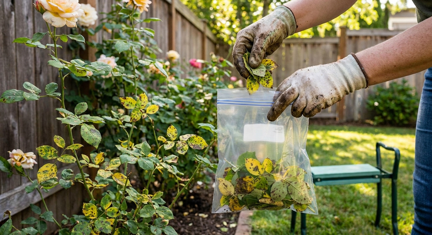 A real photograph of a gardener wearing gloves placing infected rose leaves into a sealed plastic bag beside a rose bush in a backyard garden