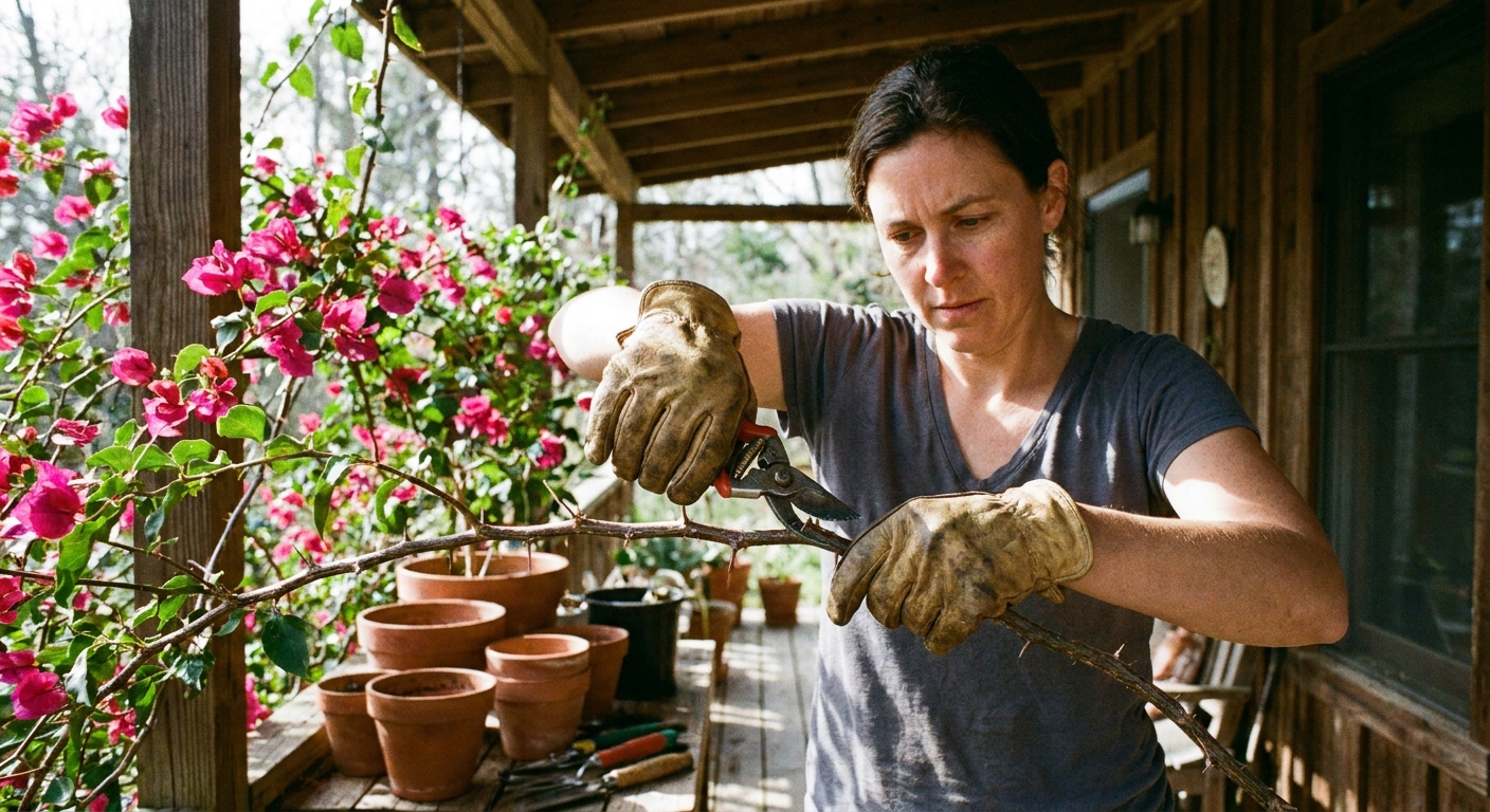 A real photograph of a gardener wearing gloves using hand pruners to trim a thorny bougainvillea stem on a sunny porch