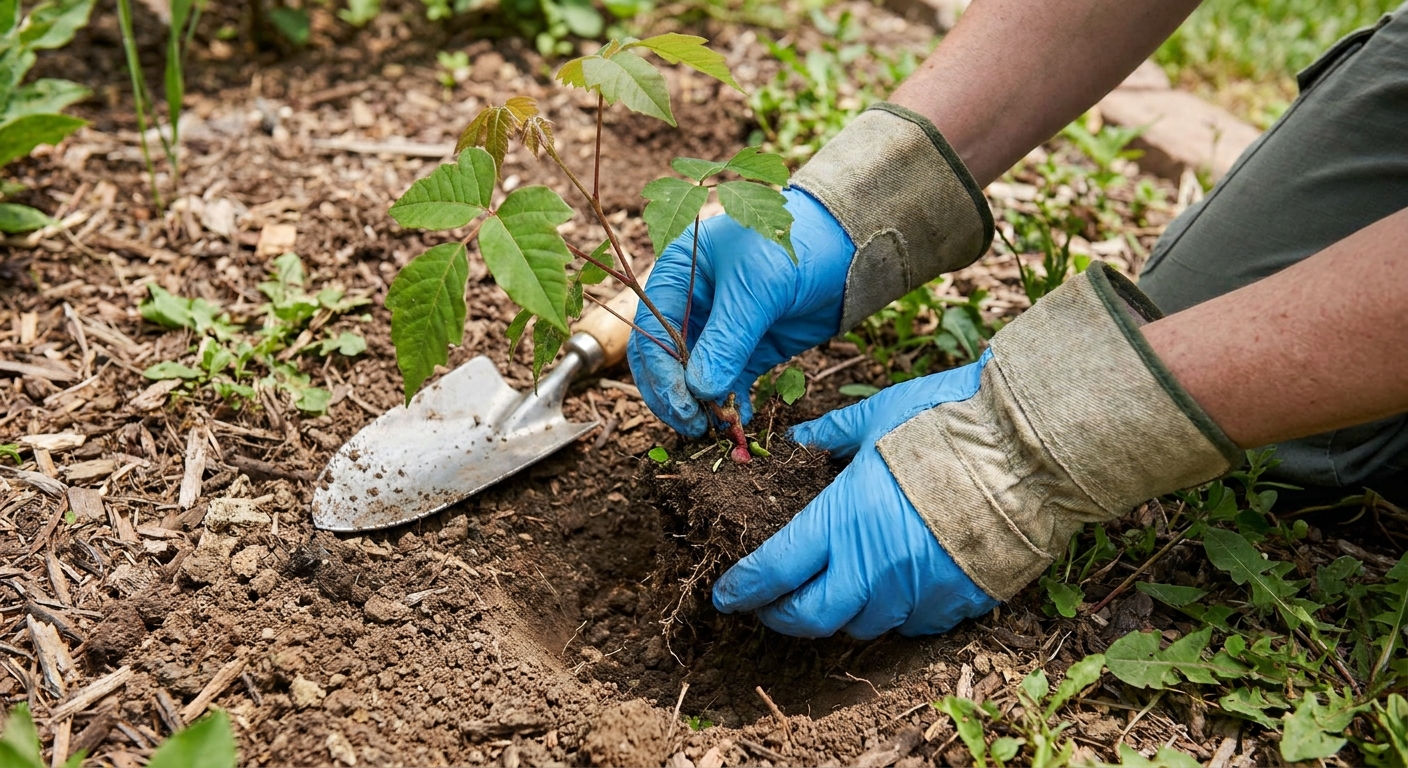 A real photograph of a gardener wearing nitrile gloves and work gloves carefully pulling a small poison ivy plant from loosened soil using a hand trowel nearby