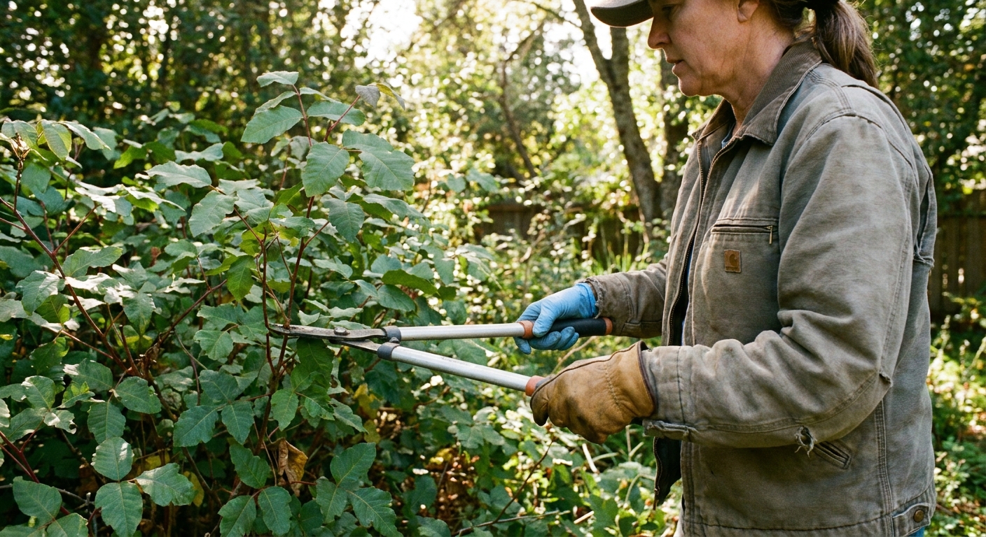 A real photograph of a gardener wearing nitrile gloves under thick work gloves while holding loppers near a poison oak shrub in a backyard