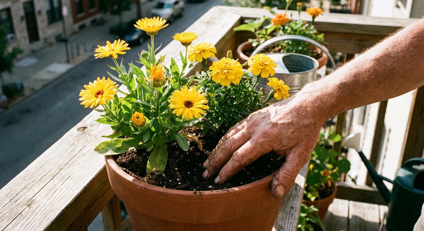 A real photograph of a gardener’s hand checking the soil moisture in a pot of flowering yellow plants on a balcony