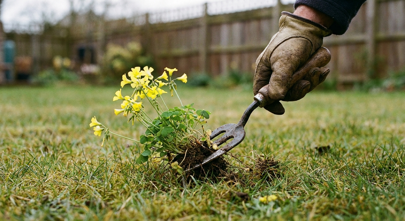 A real photograph of a gardener's hand using a small weeding tool to lift yellow-flowered oxalis from a thin patch of lawn on a cloudy day