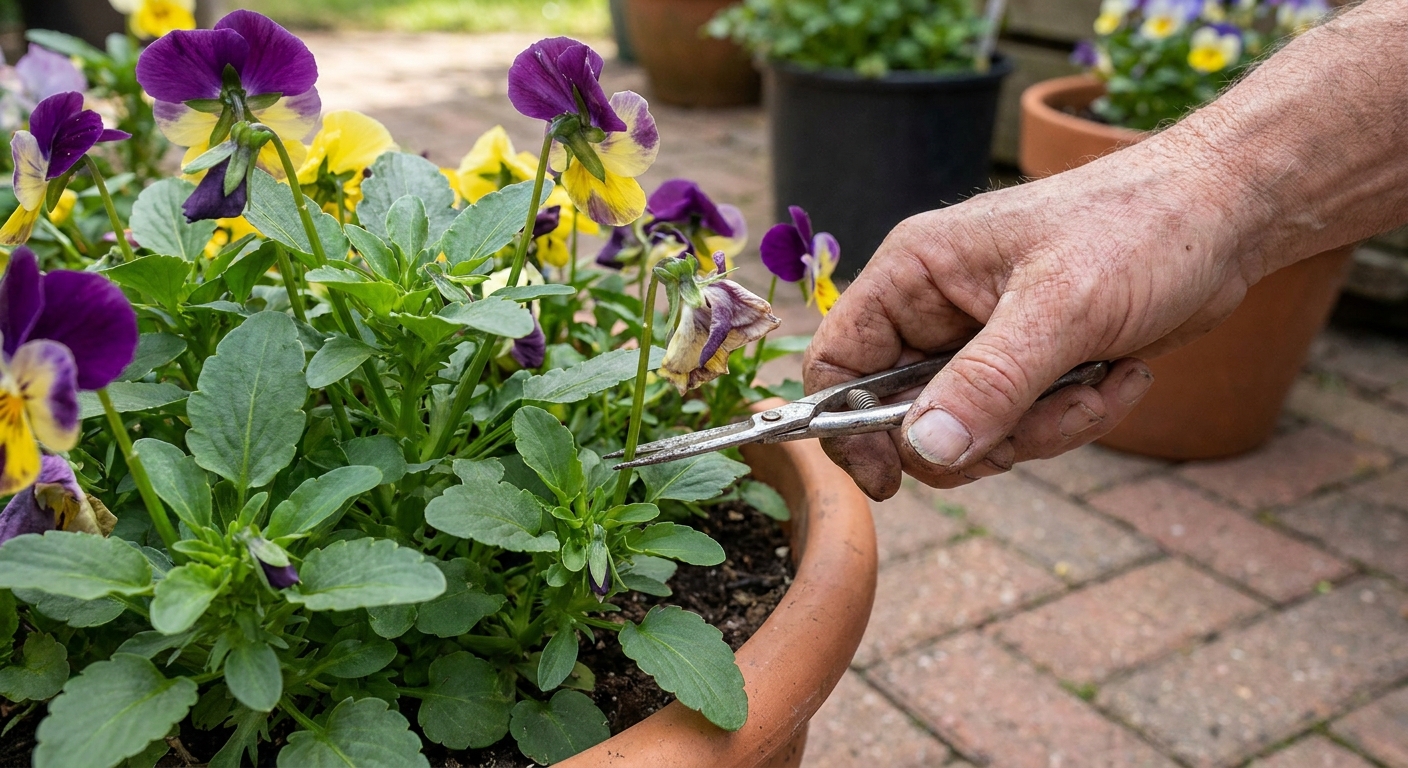A real photograph of a gardener's hand using small pruning snips to deadhead a faded pansy bloom in a patio container, with healthy green leaves in focus