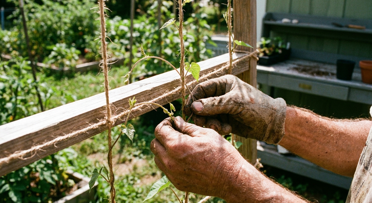 A real photograph of a gardener's hands gently guiding a young morning glory vine to wrap around vertical garden twine on a simple trellis